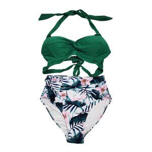 Womens Two-Piece Swimsuit Set High Waist Floral Print Green Tie-Front Size S